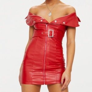Red Faux Leather Bardot Waist Belt Bodycon Dress